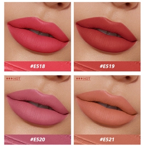 Lip swatch of matte velvet lip gloss in rose pink, brick red, and mauve shades