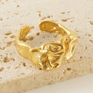 Irregular Lava Ring Stainless Steel 18K Gold Plated Wrinkle Texture Minimalist Adjustable Open Jewelry For Women Men