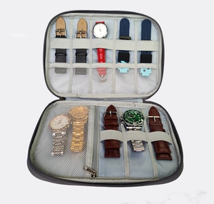 Detailed interior of grey watch band organizer with mesh pockets and elastic straps