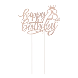 Nahaufnahme von roségold Glitzer Happy 28. Geburtstag Kuchendeko mit Krone und Sternen