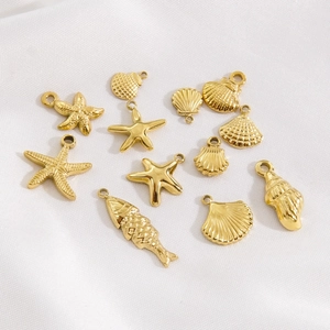 Golden stainless steel sea shell and starfish pendants set for DIY jewelry making