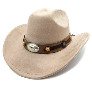 Classic khaki suede western cowboy hat with silver bull head and star rivet trim