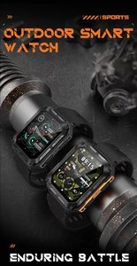 Rugged outdoor smart watch detail featuring industrial metal case and black silicone band