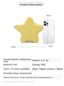 Star-shaped yellow PVC crossbody bag with size dimensions 18x18x6cm and scale reference