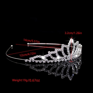 Silver rhinestone tiara for kids and bridal wear with size and weight dimensions