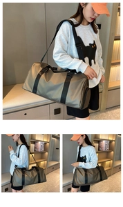 Detail of travel gym bag with separate dry-wet compartment and trolley sleeve