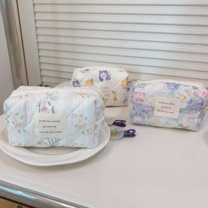 Detailed view of quilted cotton cosmetic bags in floral and plaid patterns on white tray
