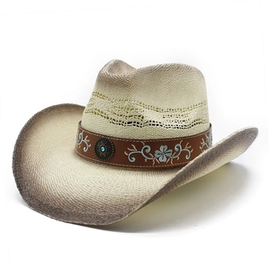 Western Cowboy Hat Paper Straw Woven Wide Brim Breathable Ethnic Embroidery Leather Band Retro Summer Beach Sun Hat