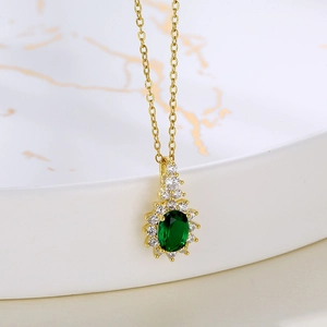 Oval Green Crystal Pendant Necklace Stainless Steel Gold Plated Zircon Halo Elegant Fashion Jewelry For Women
