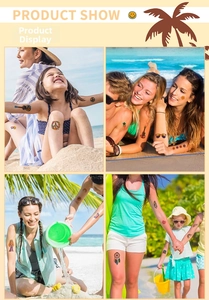 Détail de tatouages temporaires hawaïens colorés avec soleil et arc-en-ciel sur la plage