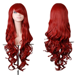 Long wavy 80cm red cosplay wig with natural bangs shown from front and back views