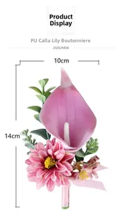 Detail view of pink PU calla lily and daisy wedding corsage with silk ribbon wrapping