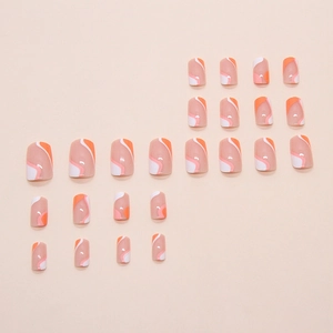 Irregular orange wavy line square press-on nails with shiny nude base finish