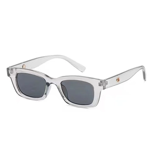 Detail view of transparent grey sunglasses frame with golden metal decorative rivets