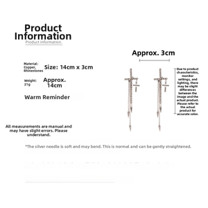 Detailed view showing long tassel cross earrings with rhinestones and 14cm size guide