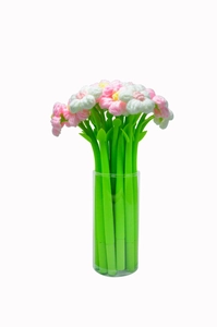 Creative floral gel pens with green stems and knitted flowers in a clear container