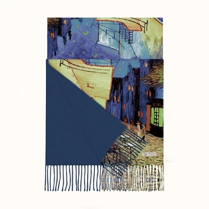 Artistic Van Gogh oil painting cashmere scarf featuring double-sided cafe print and blue back