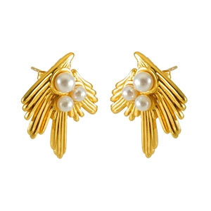 French style 18K gold plated irregular swallow wing earrings with white pearl clusters