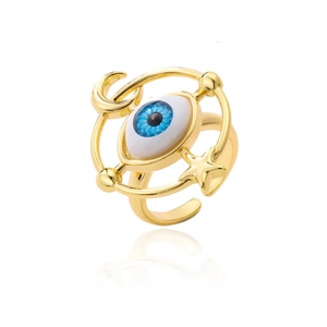 Golden Evil Eye open ring featuring celestial sun, moon, and star orbital motifs
