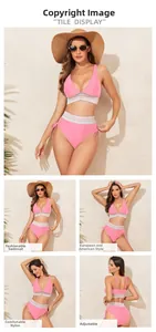Détail d'un bikini rose deux pièces avec bordure arc-en-ciel et liens latéraux réglables