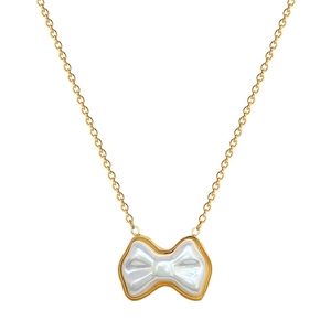 Titanium steel necklace with gold-plated bow pendant featuring a white pearl inlay