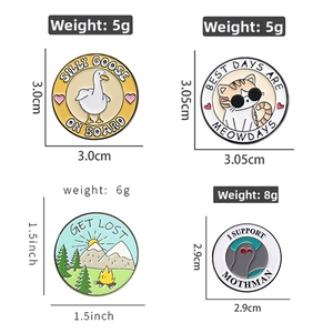 Detail showing assorted round enamel pins with witty animal and nature illustrations