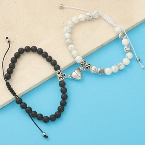 Magnetisches Herz Pärchen Armband 304 Edelstahl Naturstein Matt Schwarz Achat Weiß Türkis Verstellbares Seil Liebhaber