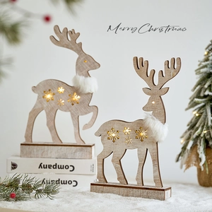 Lighted wooden reindeer Christmas ornaments with LED glow and faux fur collar