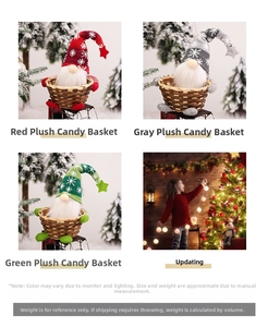 Three Christmas gnome candy baskets in red, grey, and green with plush dolls and woven bases