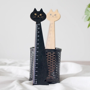 Cute black cat-shaped wooden 15cm ruler for school students and office stationery