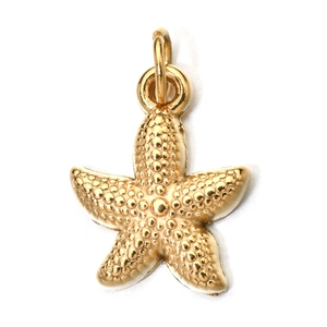 Macro shot of a golden starfish pendant with dotted texture and polished metal finish