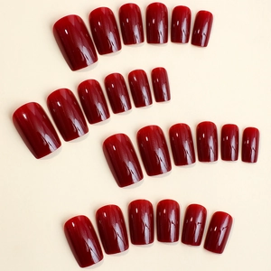 Glossy wine red press-on nails set in rectangular shape with mirror finish, 24 pieces