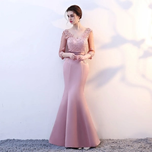 Mermaid Evening Dress Lace V Neck Beaded Satin Formal Gown Prom Wedding Party Elegant Slim Fit Long For Women