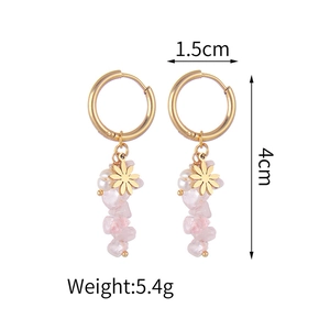 Detail view of 14k gold earrings with pink crystals and pearls showing 4cm total length