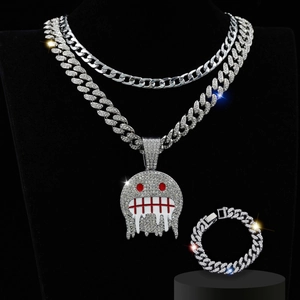 Hip Hop Alloy Rhinestone Iced Out Ghost Pendant Cuban Link Chain Necklace And Bracelet Men Women