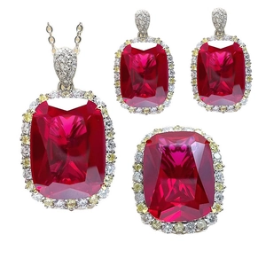 Luxury pigeon blood ruby jewelry set with rectangular cut pendant, ring and earrings