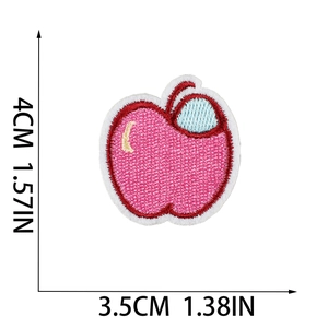 Red apple cartoon embroidery patch showing size measurements 4cm by 3.5cm on white background