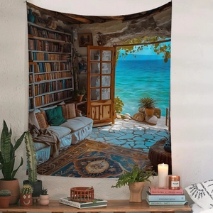 Detail of bohemian tapestry with a scenic ocean view and library design on a white wall