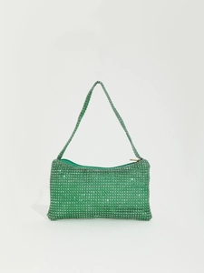 Detail view of emerald green rhinestone underarm bag with shimmering crystal shoulder strap