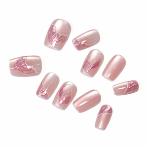 Pink mermaid tail press-on nails with cat-eye effect and pearl shimmer finish