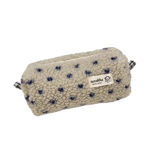 Plush lamb wool pencil case with polka dots and black-white checkered handle strap