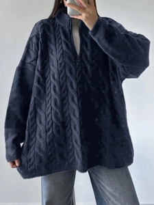 Women's dark blue cable knit cardigan with full zipper and loose fit casual style