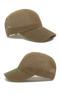 Detail of breathable brown mesh knit baseball cap showing the fine woven texture