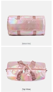 Detailed view of laser gradient gym bag showing top zippers and durable bottom base