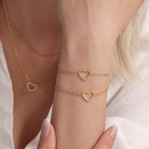 Stainless Steel Zirconia Heart Pendant Jewelry Set Double Layer Necklace And Bracelet For Women Gold Silver Jewelry Gift