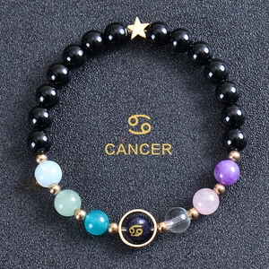 Zodiac Constellation Beaded Bracelet Natural Stone Obsidian Blue Sandstone Alloy Star Charm Adjustable Jewelry Women Men