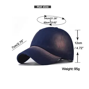 Detailed size chart for the washed denim baseball cap with measurements and specifications