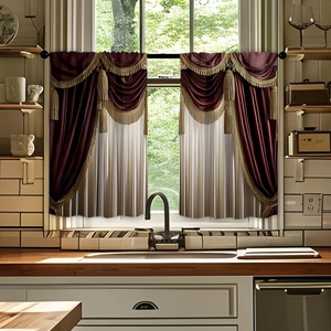 Kitchen curtains set in deep red and beige with golden fringe and tassel accents