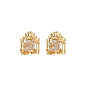 Elegant gold square zircon stud earrings with intricate cutout palace design for women