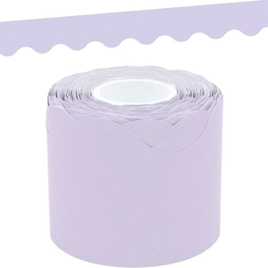 Close-up of lavender scalloped bulletin board border roll for classroom wall decoration